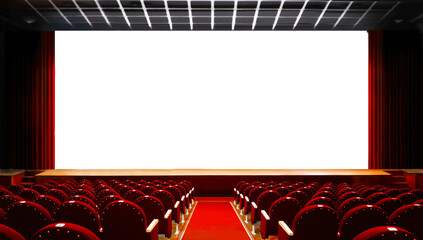 Empty red cinema seats with blank white screen