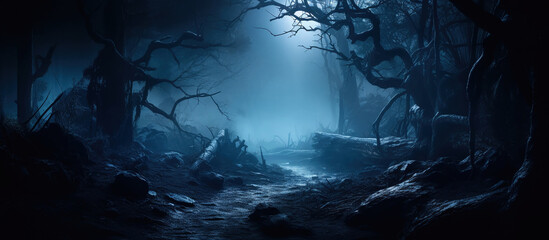 A moonlit foggy forest with artistic bokeh effects.