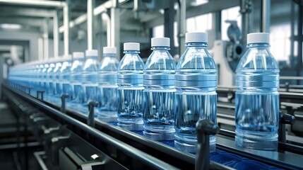 Automated production line with clear plastic drinking water bottles moving on a conveyor belt, with no brand labels attached, in a modern bottling factory. - obrazy, fototapety, plakaty