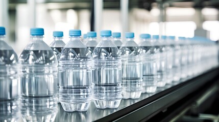 Automated production line with clear plastic drinking water bottles moving on a conveyor belt, with no brand labels attached, in a modern bottling factory.
