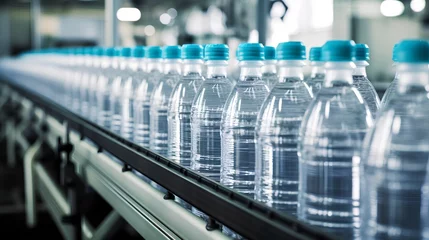 Fotobehang Automated production line with clear plastic drinking water bottles moving on a conveyor belt, with no brand labels attached, in a modern bottling factory. © TensorSpark