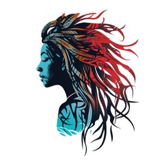 Simple graphic logo of girl with dreadlocks on white background.