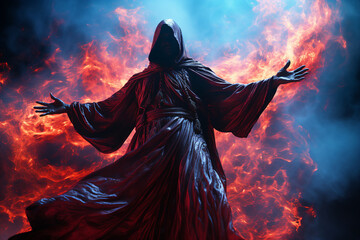 Generative ai collage of powerful dangerous evil wizard doing fire spell