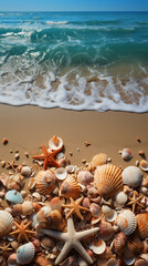 Fototapeta na wymiar Realistic photo. summer banner with sea shells and sand on rustic wooden ground. AI generative