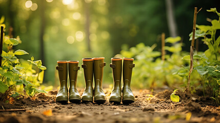A row of family rubber boots neatly lined up after a day's work in the field. - obrazy, fototapety, plakaty