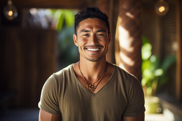 Photography of cheerful man on tropical island enjoying summer holidays exotic vacation generative ai - obrazy, fototapety, plakaty