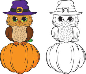 Halloween owl pumpkin. Cute owl cartoon character. Coloring page for kids. Activity Book.