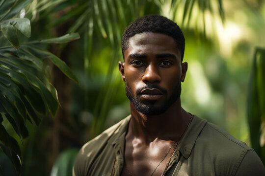 Generative AI image of handsome guy walking in green rainforest exploring nature