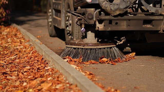 Cleaning the alleys in a park of a lot of fallen autumn leaves on the asphalt. Close up 4k video selective focus with a street utility car machine used to clean the public parks.