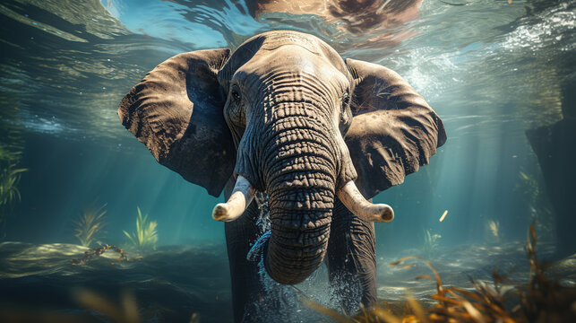 Elephant Swimming Underwater African Elephant In The Ocean With Waves On The Water Surface