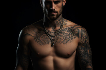 AI generated photo of muscular handsome man in tattoo studio isolated on black background