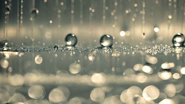 raindrops clinging onto glass surface, reflecting surrounding world miniature.