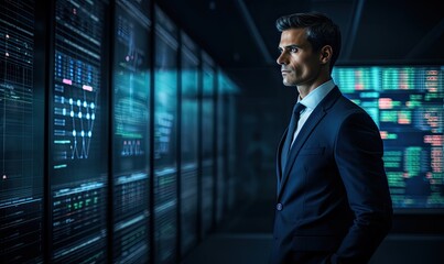 A Businessman Analyzing a Digital Wall of Information