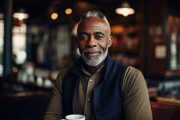 Obraz premium Generative AI portrait of confident city citizen person enjoying weekend time drinking coffee in modern cafe