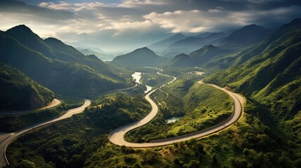 Aerial view of a scenic road trip through a winding mountain pass.