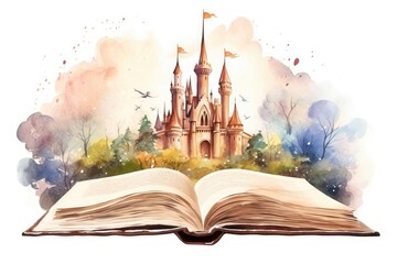 open book fairy tale magical castle watercolor design - obrazy, fototapety, plakaty