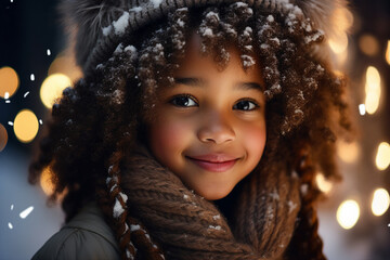 Little child enjoying Christmas lights atmosphere outdoors snowy day Generative AI