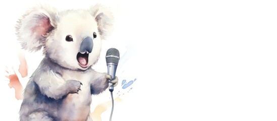 watercolor koala with microphone on white background - obrazy, fototapety, plakaty