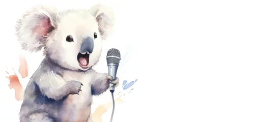 Foto op Aluminium watercolor koala with microphone on white background © dashtik