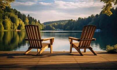 A Serene Scene: Chairs Resting on a Rustic Wooden Dock