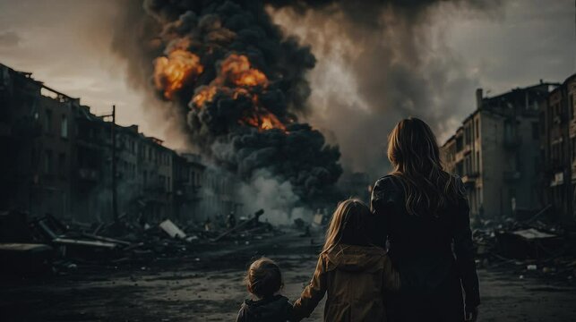 Woman and child looking at the city destroyed by the war bomb explosion, black smoke with fires in front of them