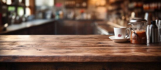A coffee shop's wooden counter displays flowers, a machine, and cups in a city.