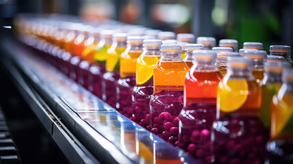 A drink production line with bottled juice.