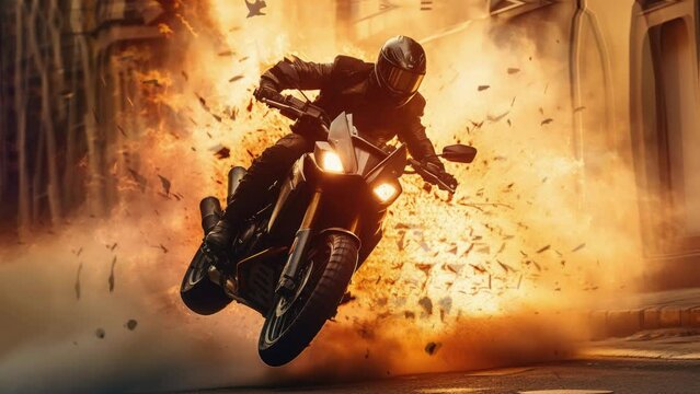 A Thrilling Escape: Man on Motorcycle Speeds Through Fiery Street