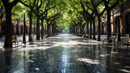 Sunlight Filtering Through Trees on Urban Street - obrazy, fototapety, plakaty