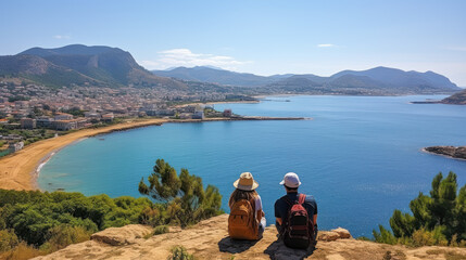 Travelers Overlooking Mediterranean Seaside Town