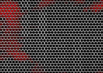 Abstract pattern of a hexagonal grid with teal neon border, light points, and an interior gradient line transitioning from red to black - 676376192
