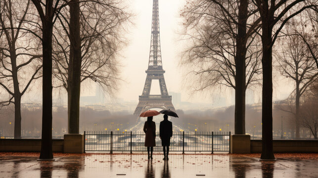 Couple with Umbrellas at Eiffel Tower