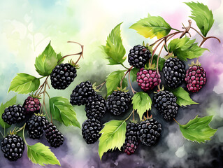 Watercolor illustration background with ripe blackberries 