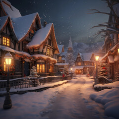 Christmas night in the city, christmas mood. A street filled with lots of snow covered buildings, beautiful render of a fairytale, cinemathic lights. Perfect for postcards and holiday designs - 676376935
