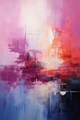 Abstract Expressionism: Harmonious Contrasts in a Pink and Blue Sky. An abstract painting of a pink, red, black and blue on a white canvas.