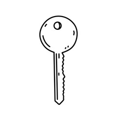 Door key isolated on a white background. Vector hand-drawn illustration in doodle style. Perfect for logo, decorations, various designs.