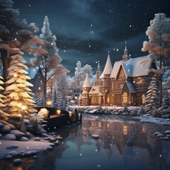 Christmas night in the city, christmas mood. A street filled with lots of snow covered buildings, beautiful render of a fairytale, cinemathic lights. Perfect for postcards and holiday designs - 676376978