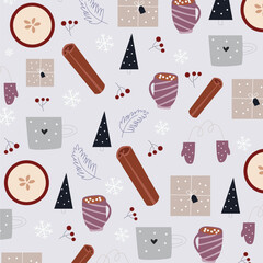 Christmass seamless pattern with cinnamon,cacao and berries.