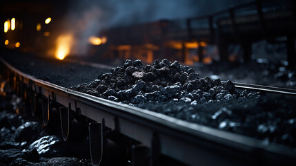 Coal on a conveyor belt in motion. - obrazy, fototapety, plakaty