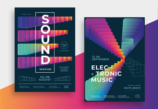 Electronic Music Posters Layout with Neon Colors Shapes