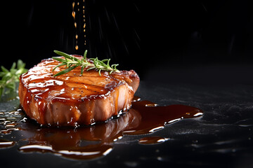 Juicy Porkchop steak with rosemary and spices isolated on a black background with copy space,...