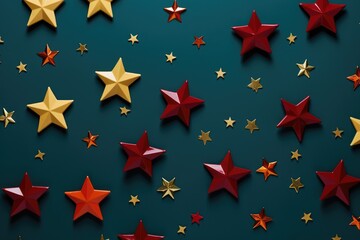 Fototapeta premium Stars on dark teal blue background. Star shaped golden and red glitter confetti pattern. Holiday party decor. Festive concept