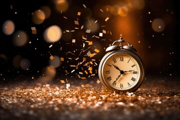 Countdown clock on abstract glittering golden background. Gold watch. Xmas night, celebrate time...