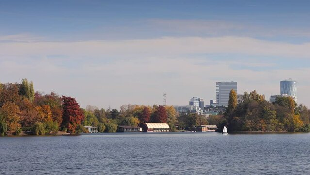 Bucharest during a beautiful autumn day, view to King Michael I Park. Modern office skyscraper buildings from Pipera, Baneasa Bucharest. 4k video.