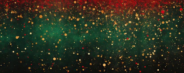 Abstract golden yellow, red and green glitter lights background. Circle blurred bokeh. Festive backdrop for Christmas, party, holiday or birthday with copy space