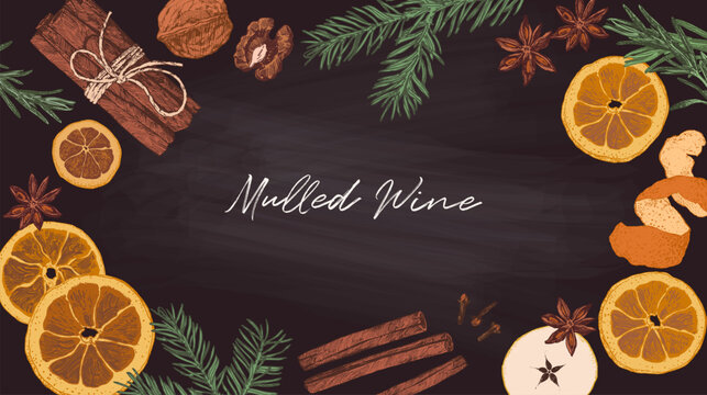 Chalk board with mulled wine ingredients, hand drawn illustration of traditional autumn spices and hot drink ingredients. Festive mood background