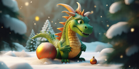 Green Cartoon Dragon and Christmas Ball in snowy forest. Green Dragon Symbol Of New Year 2024. Merry Christmas and Happy New Year Background