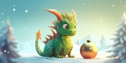 Cute Little Green Dragon and Christmas ball on a winter nature background. Green Dragon Symbol Of New Year 2024. Merry Christmas and Happy New Year Background