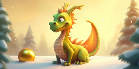 Fototapeta premium Funny Green Dragon and Gold Christmas ball on a winter nature background. Green Dragon Symbol Of New Year 2024. Merry Christmas and Happy New Year Background