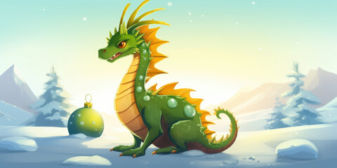 Naklejka premium Green Dragon and Christmas ball on a winter nature background. Green Dragon Symbol Of New Year 2024. Merry Christmas and Happy New Year Background